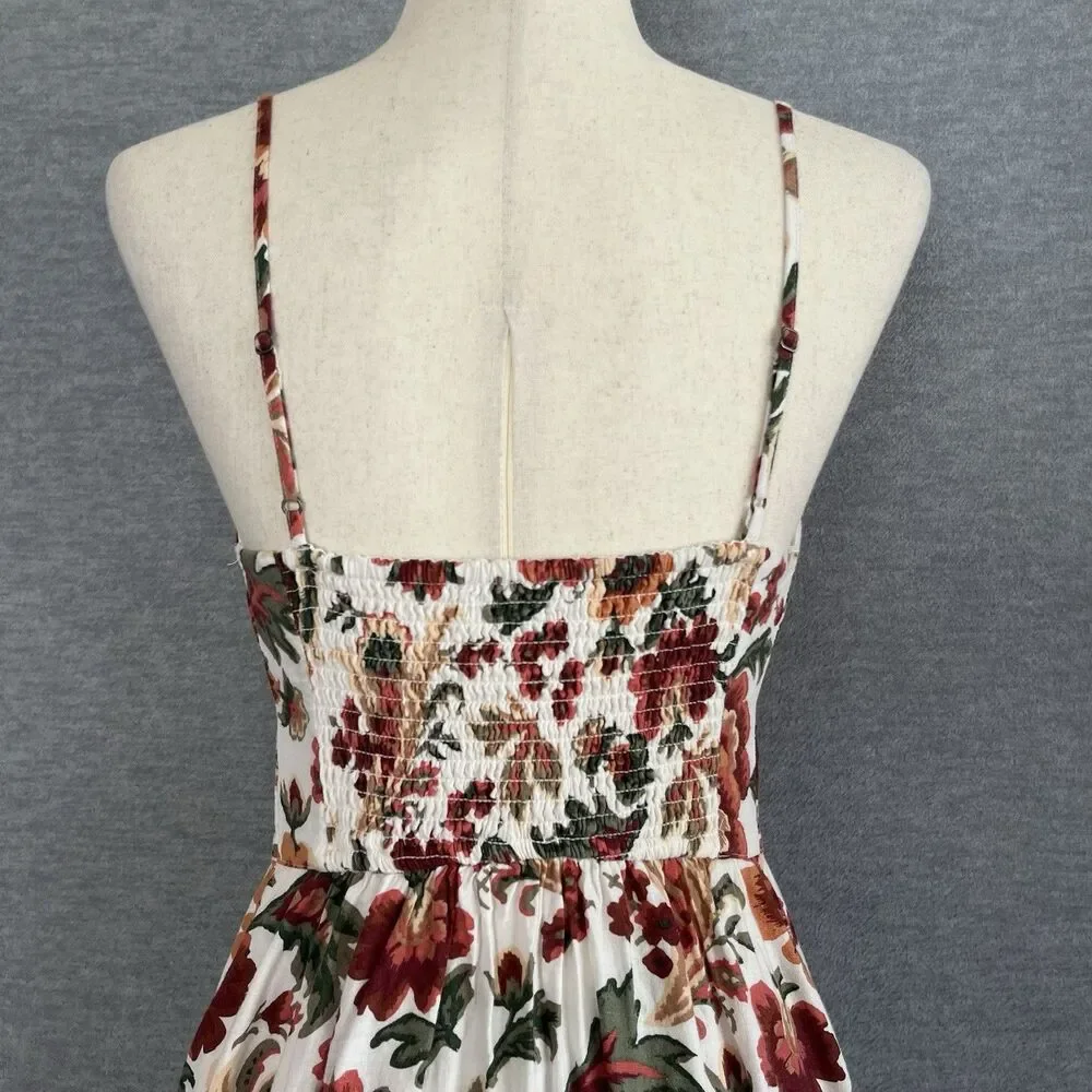 Abercrombie & Fitch Floral Linen Dress SP Buttons Plunge Neck Smocked Boho Maxi